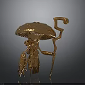 Detailed Golden Mushroom Shaped Sculpture Featuring Humanoid Figure With Curved Staff And Small Creature