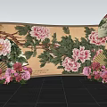 Traditional Art Installation Featuring Peony Flowers Scroll Background Decorative Fans And Red Ornaments