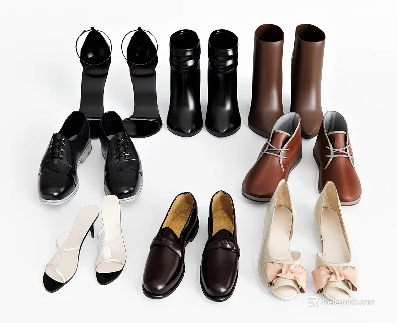 Stylish Shoes Collection Including High Heels Ankle Boots Loafers Lace Up And Bow Accent Designs 3d model 