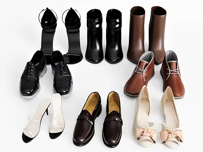 Stylish Shoes Collection Including High Heels Ankle Boots Loafers Lace Up And Bow Accent Designs 3d model