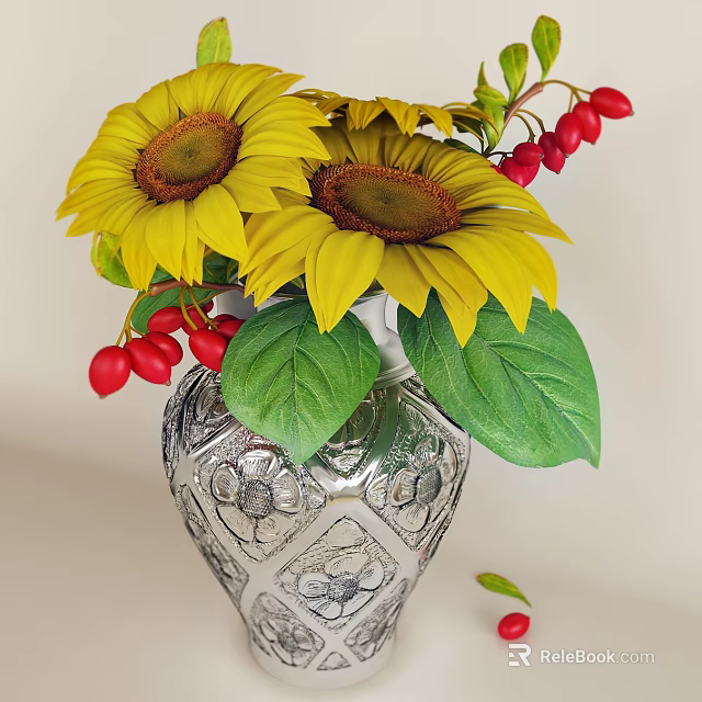 Silver Patterned Vase With Yellow Sunflowers Red Berries And Green Leaves 3d model 