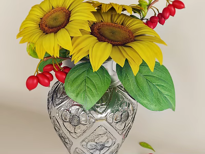 Silver Patterned Vase With Yellow Sunflowers Red Berries And Green Leaves 3d model