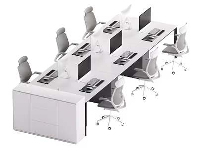 Modern Office Desk With Multiple Workstations Computer Monitors And Ergonomic Chairs 3d model