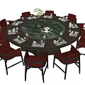 Round Dining Table And Chairs Set With Red Seats Black Frames Tableware And Plant Decor 3d model