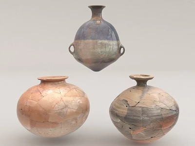 Traditional Hand Carved Pottery Vases With Cracked Texture And Sculpture Design 3d model