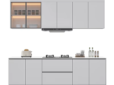 Modern Kitchen With Light Grey Cabinets And Built In Lighting 3d model