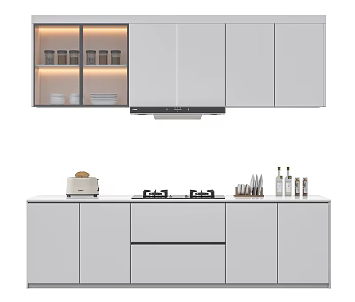 Modern Kitchen With Light Grey Cabinets And Built In Lighting 3d model