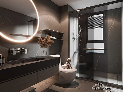 Modern Gray Bathroom Interior Design With Round Mirror Ring Light And Glass Shower 3d model