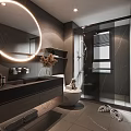 Modern Gray Bathroom Interior Design With Round Mirror Ring Light And Glass Shower