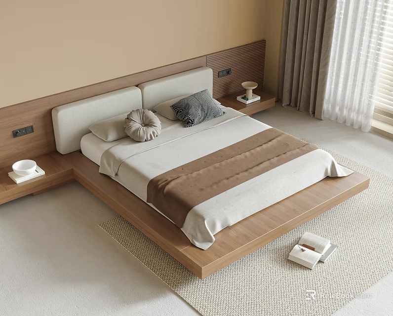 Modern Double Bed With Upholstered Wooden Headboard Bedside Tables Table Lamps And Woven Rug 3d model 