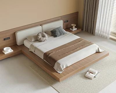 Modern Double Bed With Upholstered Wooden Headboard Bedside Tables Table Lamps And Woven Rug 3d model