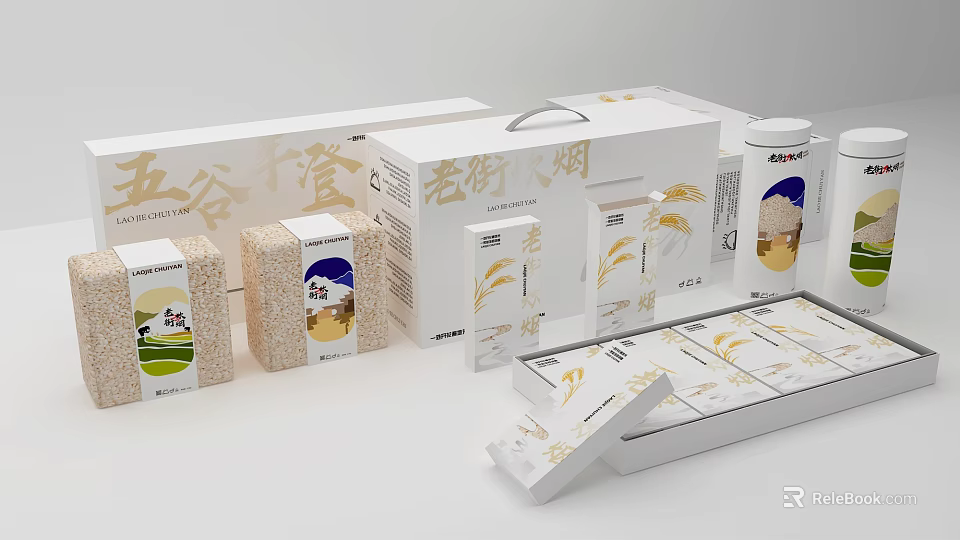 Traditional Grain Packaging for Household Supplies with Old Street Rice Products and Various Box Designs 3d model 