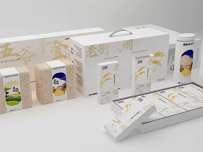 Traditional Grain Packaging for Household Supplies with Old Street Rice Products and Various Box Designs 3d model