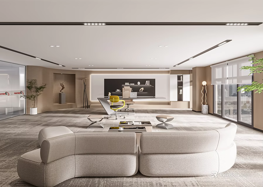 Modern Office Interior With Sofa Coffee Table Large Screen Plants And Floor to Ceiling Windows 3d model