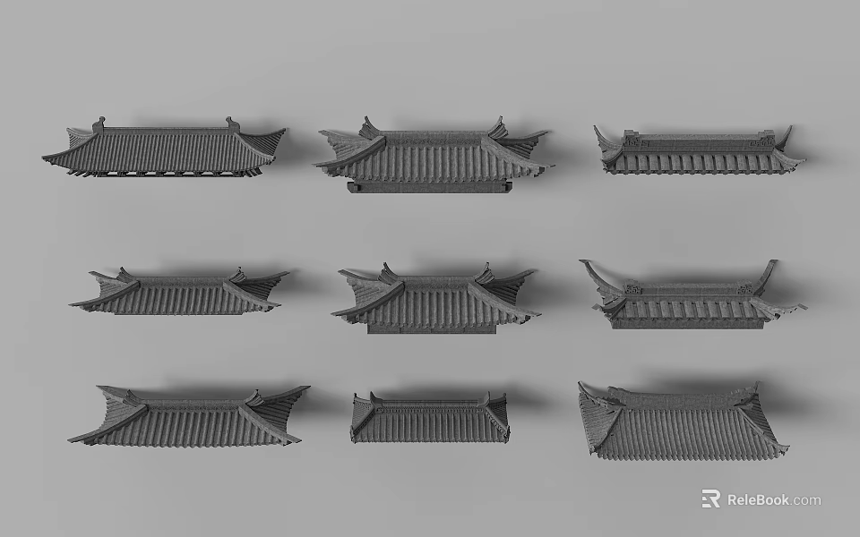 Chinese Traditional Roof Architectural Components With Various Styles Curved Eaves And Gray Tones 3d model 