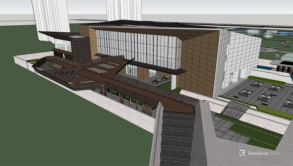 Modern Sales Center Building With Glass Curtain Wall And Landscaped Entrance Steps 3d model 
