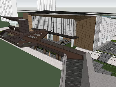 Modern Sales Center Building With Glass Curtain Wall And Landscaped Entrance Steps 3d model
