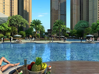 Tropical Garden Landscape with Swimming Pool Palm Trees and Rest Areas Near High Rise Buildings 3d model