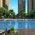 Tropical Garden Landscape with Swimming Pool Palm Trees and Rest Areas Near High Rise Buildings
