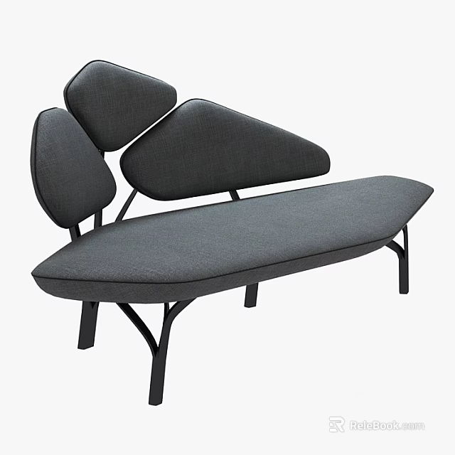 Stylish Gray Multi Seater Sofa With Unique Backrest And Black Metal Frame 3d model 