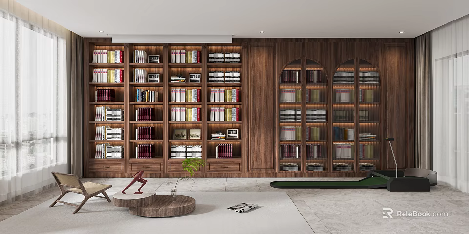 Modern Entertainment Room Interior With Wooden Bookshelves And Fitness Equipment 3d model 
