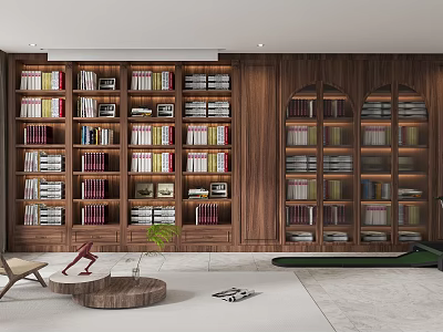 Modern Entertainment Room Interior With Wooden Bookshelves And Fitness Equipment 3d model