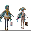 Anime Game Characters With Turquoise Hair Straw Hat Bikini Dress And Pink Bows