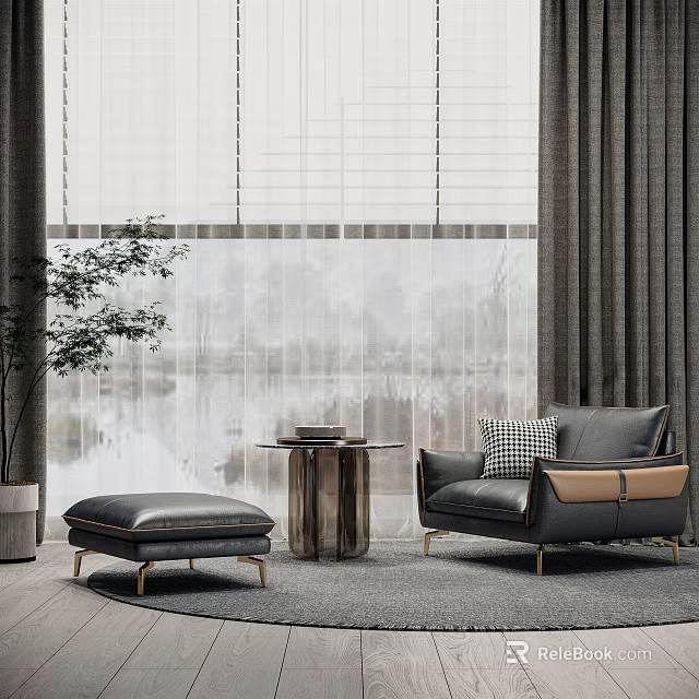 Modern Single Sofa with Ottoman Small Side Table and Plant Near Window Curtains 3d model