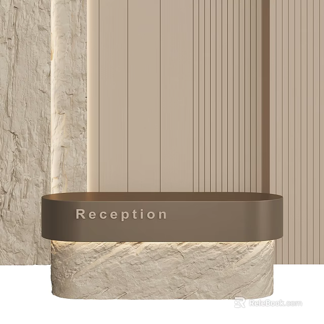 Modern Reception Desk With Stone Base Metal Top And Striped Wall Lighting Design 3d model 