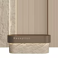 Modern Reception Desk With Stone Base Metal Top And Striped Wall Lighting Design