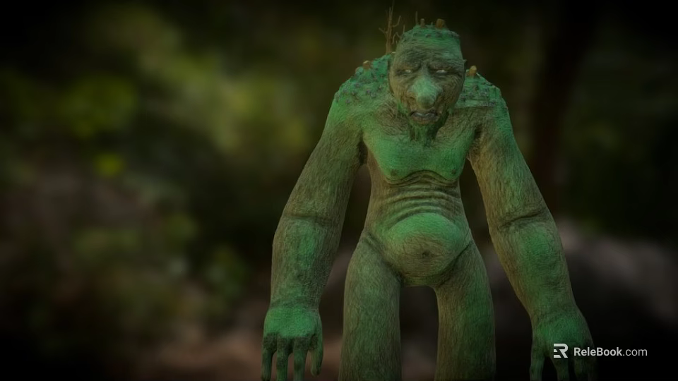 Green Monster Statue With Rough Texture Standing In Forest Background 3d model 