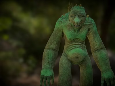 Green Monster Statue With Rough Texture Standing In Forest Background 3d model