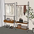 Modern Open Wardrobe with Metal Frame and Wheels Featuring Hanging Clothes Wooden Trays and Accessories