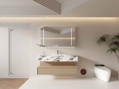 Modern Bathroom Interior With Wall Mounted Vanity Marble Countertop And Illuminated Mirror 3d model