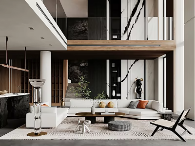 Modern Duplex Living Room Interior Design With High Ceiling Sofa Marble Wall And Wooden Accents 3d model