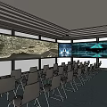 Modern Conference Room With Arranged Chairs Large Screens And Skylight Ceiling