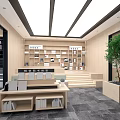 Modern Bookstore Interior With Wooden Bookshelves Display Tables And Green Plant