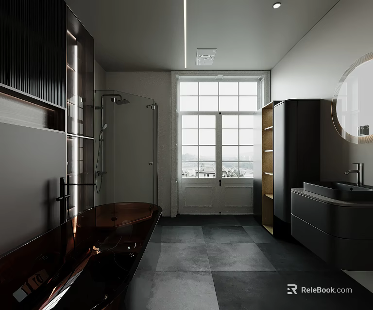 Modern Bathroom Interior Design With Bathtub Shower Large Window Sink Vanity And Dark Gray Floor 3d model 