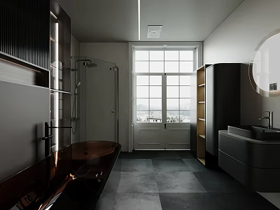 Modern Bathroom Interior Design With Bathtub Shower Large Window Sink Vanity And Dark Gray Floor 3d model