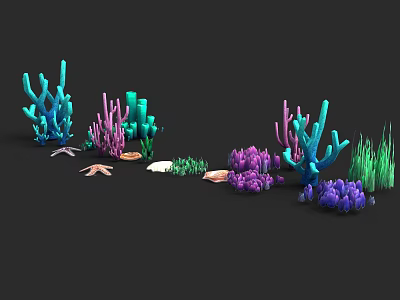 Colorful Marine Life Themed Sculptures Featuring Blue Purple Green Coral Starfish And Seashells 3d model