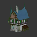 Cartoon Scenic Fairy Tale House With Blue Pointed Roof Wooden Frame Chimney Small Porch Windows