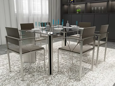 Modern Dining Table Set With Glass Top Metal Frame Gray Chairs And Area Rug 3d model