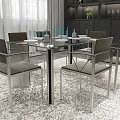 Modern Dining Table Set With Glass Top Metal Frame Gray Chairs And Area Rug