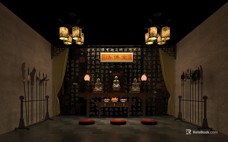 Buddhist Religious Shrine Interior With Buddha Statues Altar Table Hanging Lanterns Scripture Shelves And Artifacts 3d model 