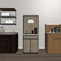 Three Piece Modern Storage Cabinets with Open Shelves and Drawers in Gray Brown Wooden Finishes