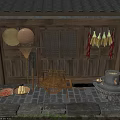 Wooden Swing Door In Traditional Farmhouse With Lattice Windows Farm Tools And Stone Pavement