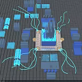 3D Rendering of Computer Chip With Blue Components and Grid Background