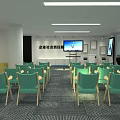Spacious Meeting Room With Green Chairs Posters On Walls And Strip Lights