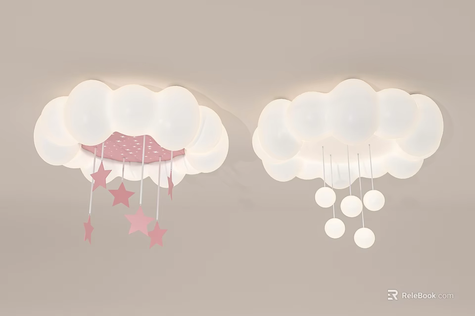 Cloud Shaped Ceiling Lights With Pink Stars And White Ball Decorations 3d model 