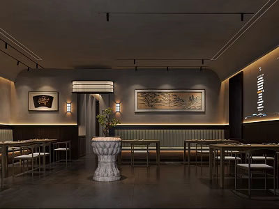 Modern Restaurant Interior With Wooden Tables Chairs Wall Paintings Central Vase And Lighting Fixtures 3d model